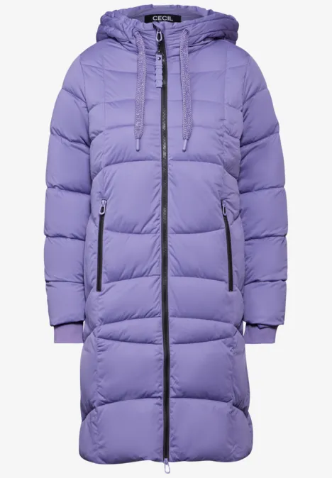 Lila, gesteppter langer Wintermantel mit Kapuze und Reißverschluss.